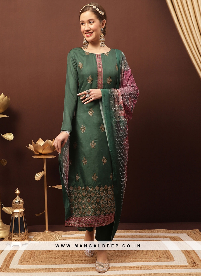 Green Silk Embroidered Trendy Salwar Kameez