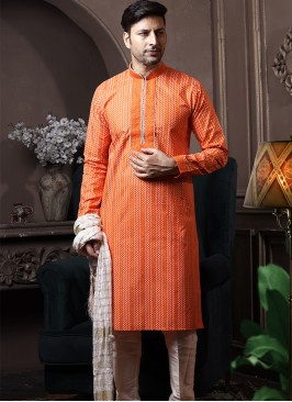 Orange Silk Kurta Pajama with Off White ArtSilk Trouser.