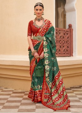 Green Silk Patola Print Contemporary Saree