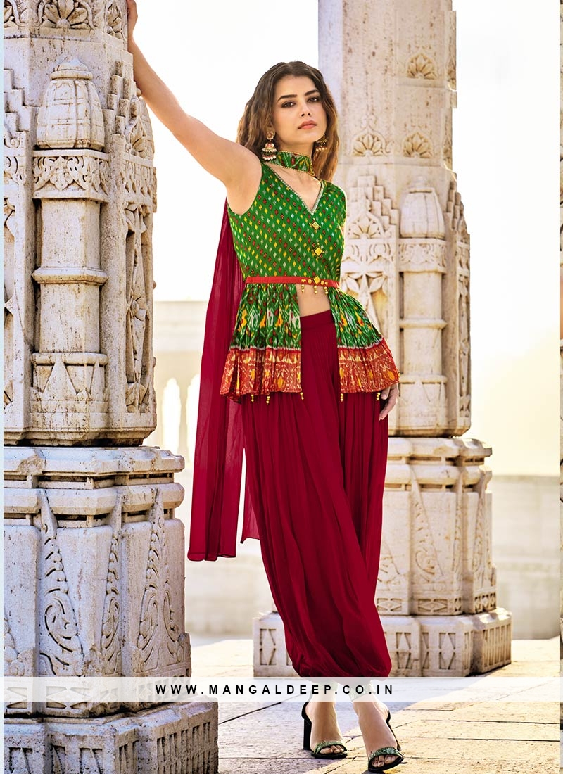 Blue And Green Silk Ethnic Motifs Top With Harem Pants