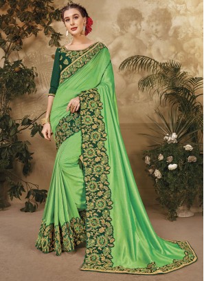 Green Thread Work Vichitra Silk Trendy Saree