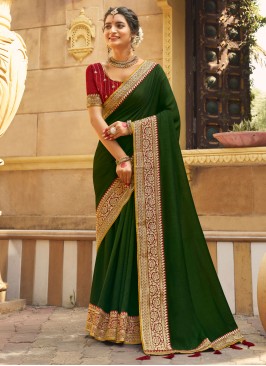 Green Vichitra Silk Embroidered Contemporary Saree