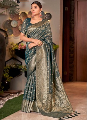 Green Weaving Silk Contemporary Style Saree