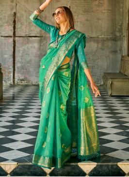 Green Weaving Tussar Silk Classic Saree