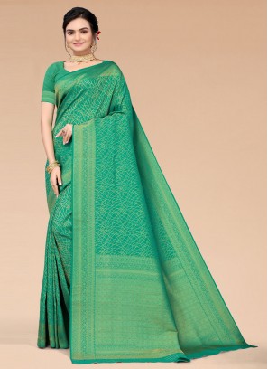 Green Woven Silk Blend Classic Saree
