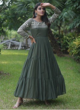 Green Zari Faux Georgette Readymade Gown