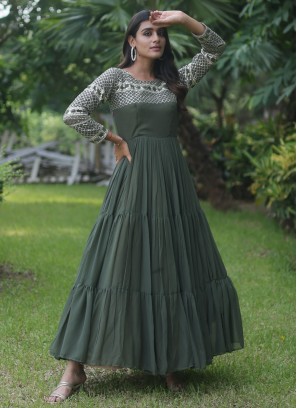 Green Zari Faux Georgette Readymade Gown