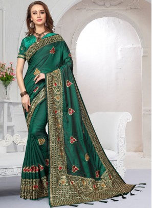 Green Zari Satin Silk Designer Saree