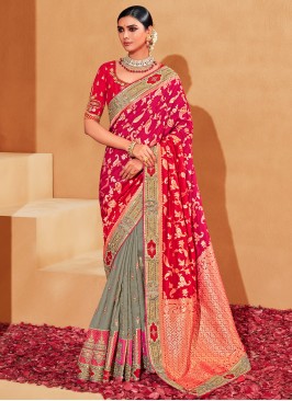 Grey and Hot Pink Engagement Silk Saree