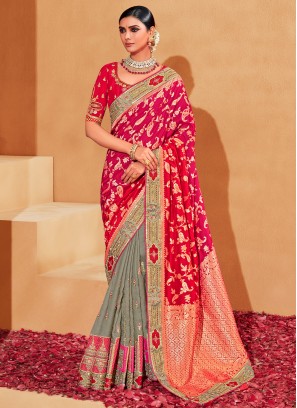 Grey and Hot Pink Engagement Silk Saree