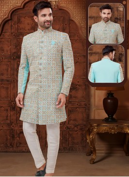 Teal Green and Off White Lucknowie whth abla and thread work Indo-Western Ensemble.