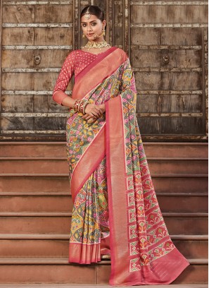 Grey and Peach Patola Print Silk Contemporary Style Saree