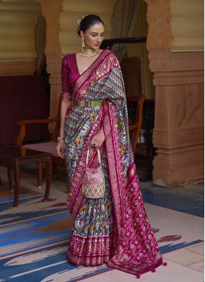 Grey And Pink Color Patola Silk Saree