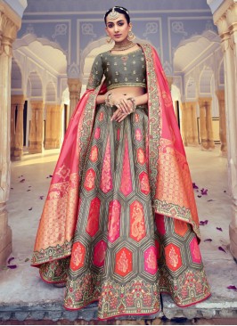 Grey and Pink Embroidered Silk Trendy Lehenga Choli