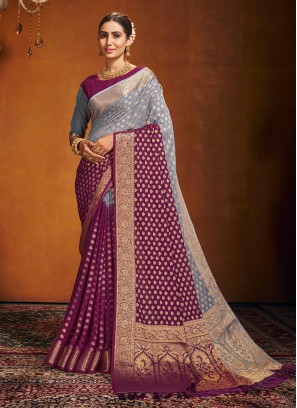 Grey and Purple Weaving Contemporary Style Saree