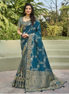 Grey and Rama Resham Banarasi Silk Designer Half N Half Saree