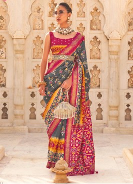 Grey and Rani Weaving Silk Contemporary Style Saree