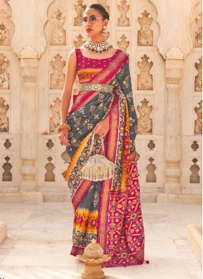 Grey and Rani Weaving Silk Contemporary Style Saree