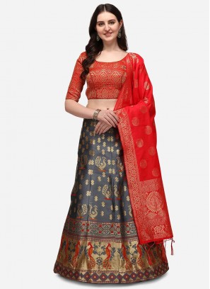 Grey And Red Color Art Silk Festive Wear Lehenga