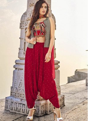Grey And Red Silk Patola Top With Dhoti Pants