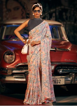 Grey and Rose Pink Color Saree