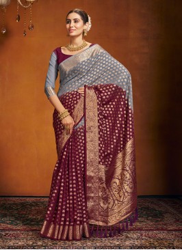 Grey and Wine Party Pure Georgette Classic Saree