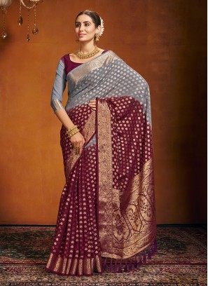 Grey and Wine Party Pure Georgette Classic Saree