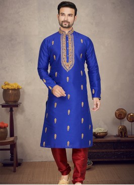 Royal Blue Art silk Kurta with Marron Churidar Bottoms.