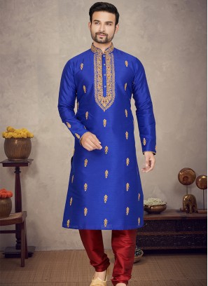 Royal Blue Art silk Kurta with Marron Churidar Bottoms.