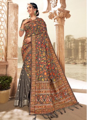 Grey Blended Cotton Party Designer Saree