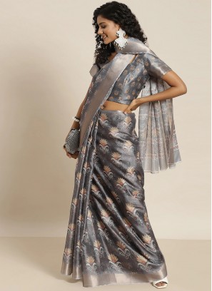 Grey Casual Silk Blend Designer Saree