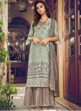 Grey Chanderi Silk Embroidered Designer Palazzo Salwar Kameez