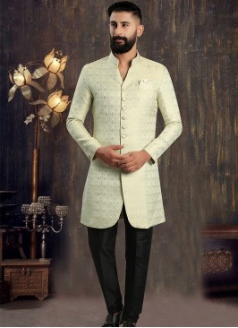 Sea Green & Black Fusion Elegance: Men's Indo-Western Ensemble.