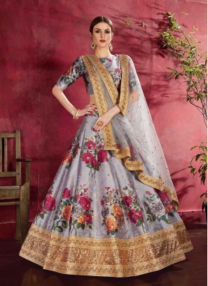 Grey Color Art Silk Print Lehenga