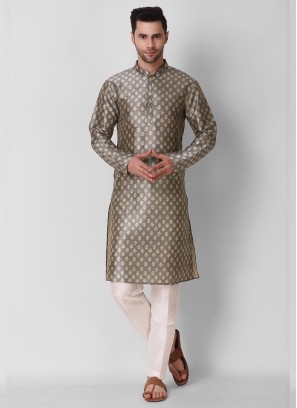 Grey Color Art Silk Print Mens Kurta Set