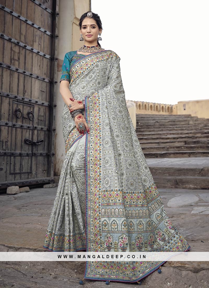 Buy Traditional Banarasi Saree - Cream Kachhi & Mirror Work Saree – Empress  Clothing