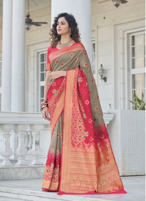 Grey Color Banarasi Silk Traditional Saree