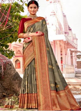 Grey Color Banarsi Silk Saree