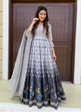 Grey Color Chaderi Printed Anarkali Gown