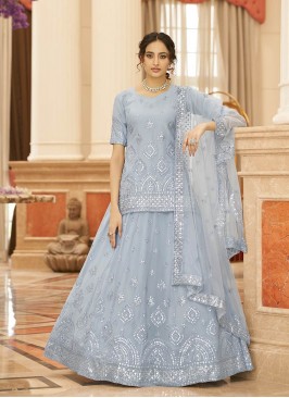 Grey Color Chiffon Gota Patti Work Lehneg With Long Top
