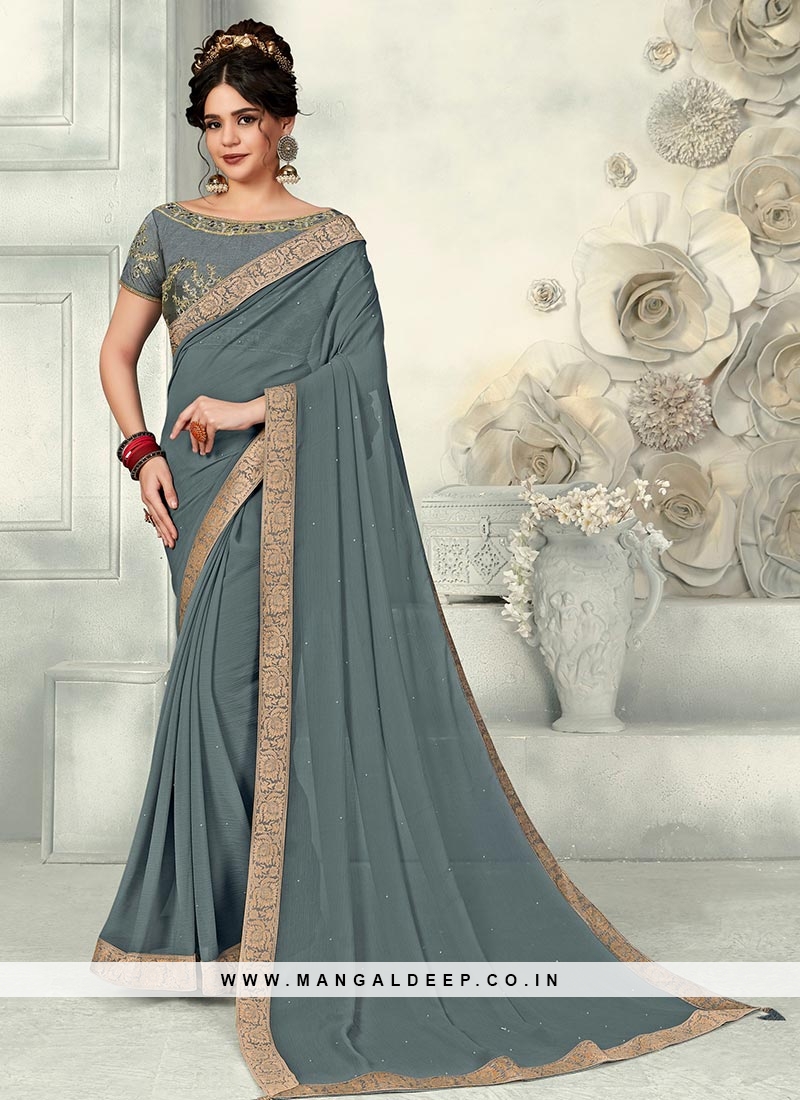 Grey Color Chiffon Saree With Unstitched Blouse