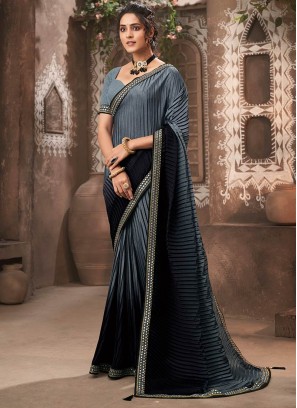 Grey Color Chinon Embroidered Border Saree