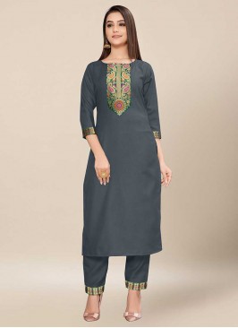 Grey Color Cotton Jacquard Kurti Set