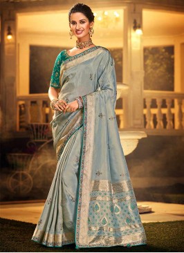 Grey Color Dola Silk Wedding Wear Saree