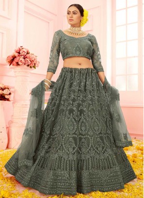 Grey Color Embroidered Net Lehenga