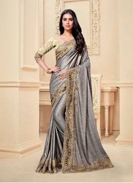 Grey Color Fancy Fabric Frill Saree