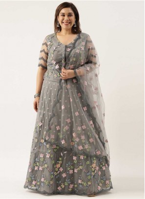 Grey Color Floral Design Lehenga