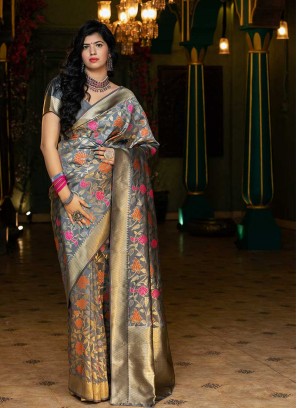 Grey Color Floral Design Silk Saree