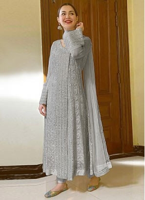Grey Color Georgette Embroidered Anarkali Dress