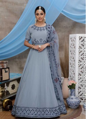 Grey Color Georgette Embroidered Indian Gown